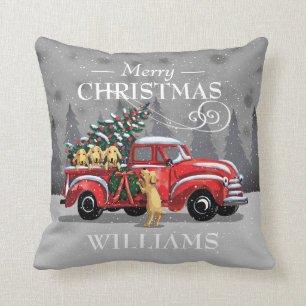 Christmas Vintage Red Truck Lab Dogs Family Name Throw Pillow