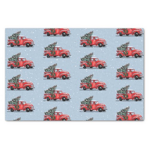 Christmas Vintage Red Truck on Blue Gray Snow Tissue Paper