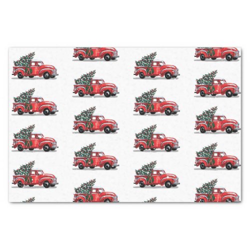 Christmas Vintage Red Truck on White Snow Tissue Paper