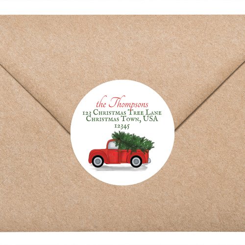 Christmas Vintage Red Truck Return Address  Classic Round Sticker