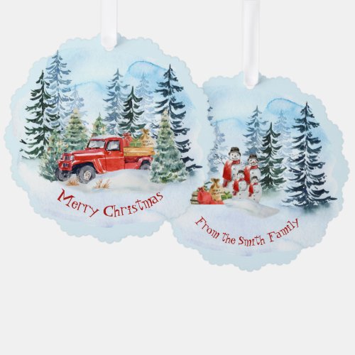 Christmas Vintage Red Truck  Snowman Family Ornament Card