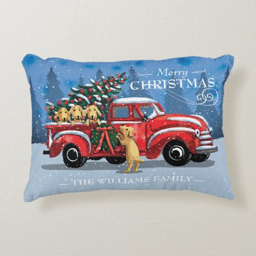 Christmas Vintage Red Truck w Dogs Family Name Accent Pillow