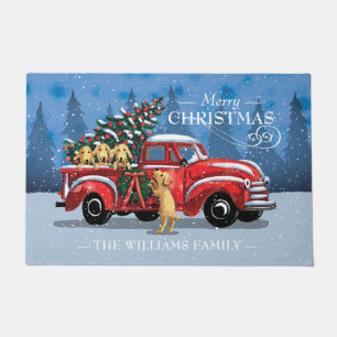 Christmas Vintage Red Truck w/ Dogs Family Name Doormat
