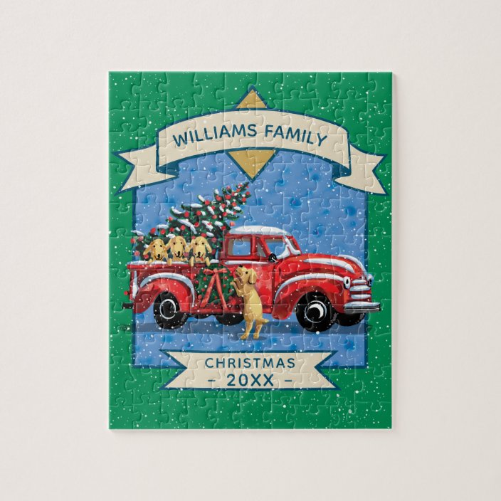 Christmas Vintage Red Truck W Dogs Family Name Jigsaw Puzzle Zazzle Com