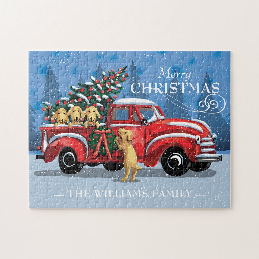 Christmas Vintage Red Truck w/ Dogs Family Name Jigsaw Puzzle | Zazzle