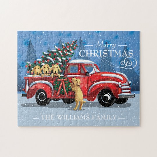 Christmas Vintage Red Truck W Dogs Family Name Jigsaw Puzzle Zazzle Com