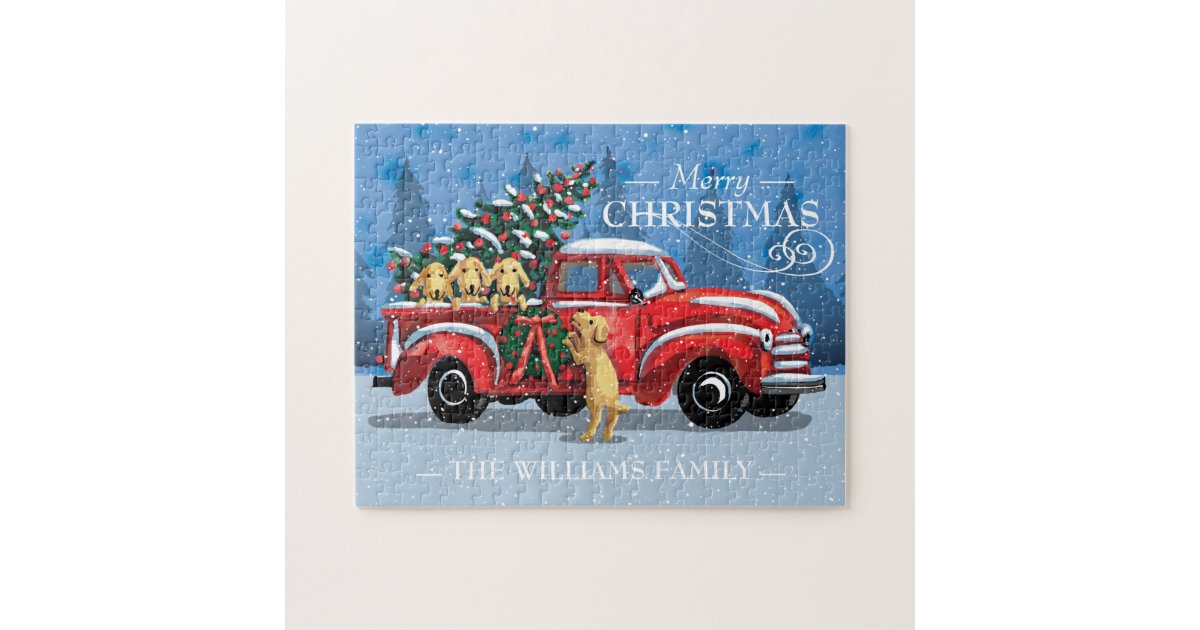 Christmas Vintage Red Truck W Dogs Family Name Jigsaw Puzzle Zazzle Com
