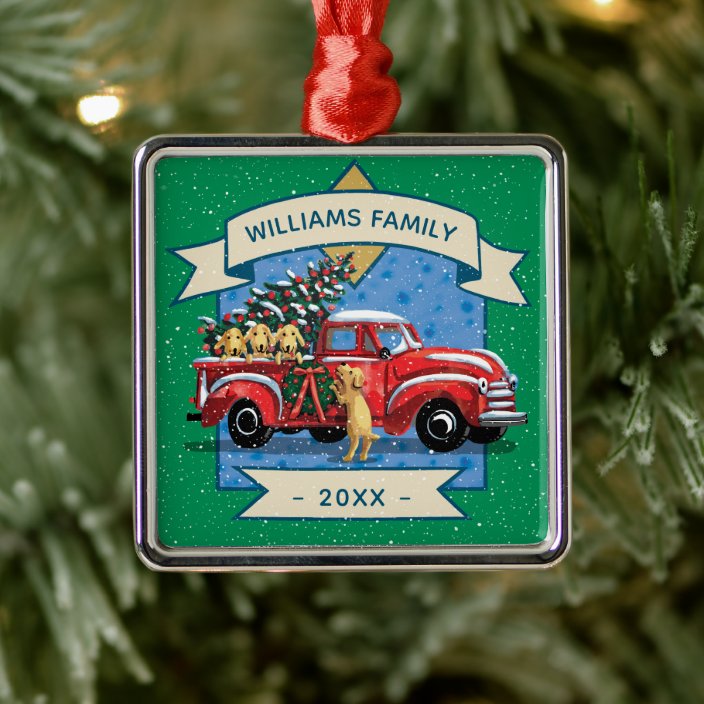 Christmas Vintage Red Truck W Dogs Family Name Metal Ornament Zazzle Com