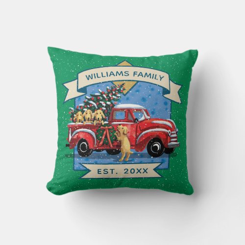 Christmas Vintage Red Truck w Dogs Family Name Throw Pillow