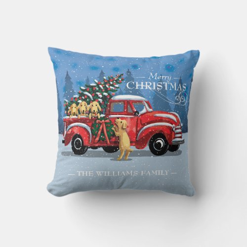 Christmas Vintage Red Truck w Dogs Family Name Throw Pillow