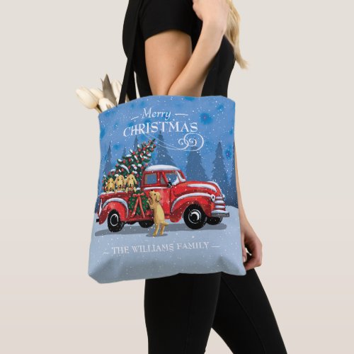 Christmas Vintage Red Truck w Dogs Family Name Tote Bag