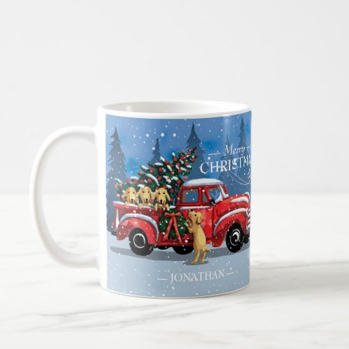 Christmas Vintage Red Truck w Dogs Monogram Name Coffee Mug