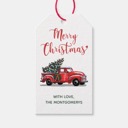 Christmas Vintage Red Truck Watercolor Family Name Gift Tags