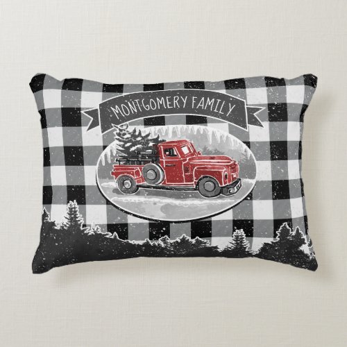 Christmas Vintage Red Truck White Buffalo Plaid Accent Pillow