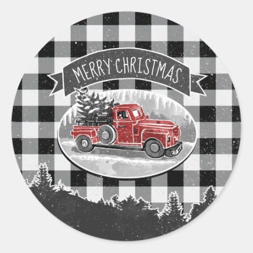 Christmas Vintage Red Truck White Buffalo Plaid Classic Round Sticker