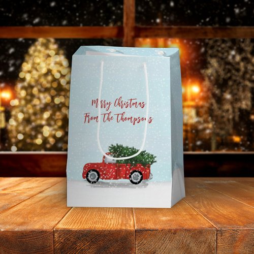 Christmas Vintage Red Truck Winter Snowflakes Cute Medium Gift Bag