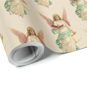 Christmas Vintage Retro Angel Girl Pink Wings Wrapping Paper