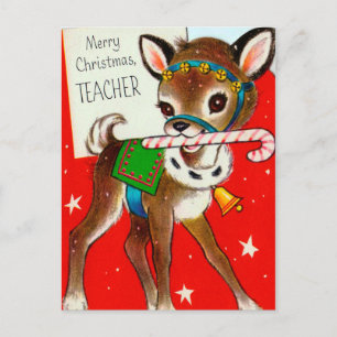 Christmas Vintage retro Deer Teachers postcard