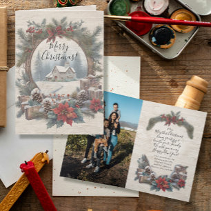 Christmas Vintage Rustic Pine Wreath Family Photo Thank You Card