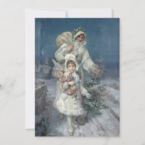 Christmas Vintage Santa and Angel in White Holiday Card