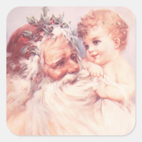 Christmas Vintage Santa Claus Holding Child Square Sticker
