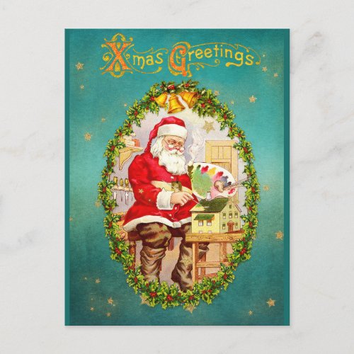 Christmas Vintage Santa Claus in His Workshop Holiday Postcard