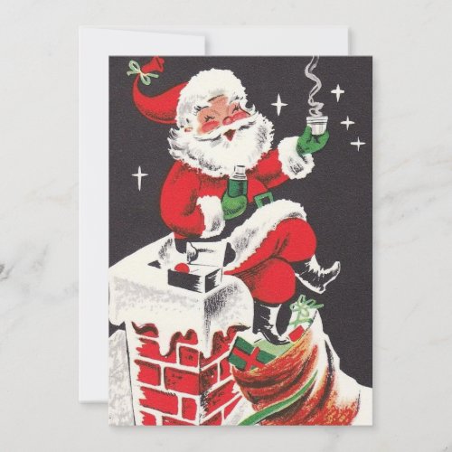 Christmas Vintage Santa Having Coffee On Roof Holiday Card