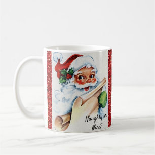 Christmas Vintage Santa Naughty Nice Red Glitter Coffee Mug