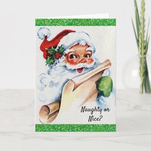 Christmas Vintage Santa Naughty or Nice Glitter Card