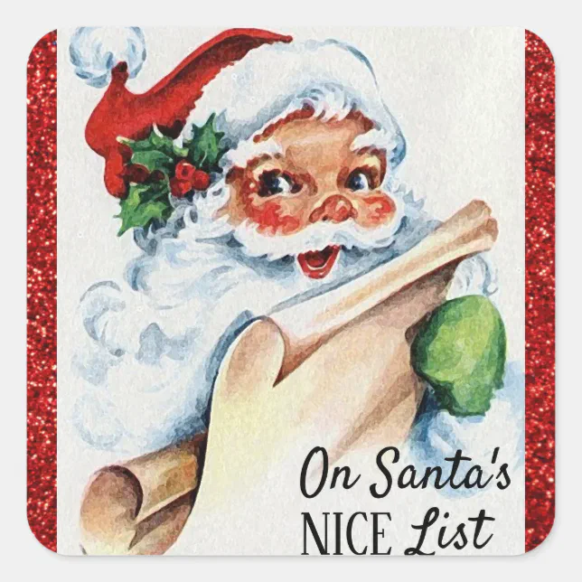Christmas Vintage Santa Nice List Red Glitter Square Sticker | Zazzle