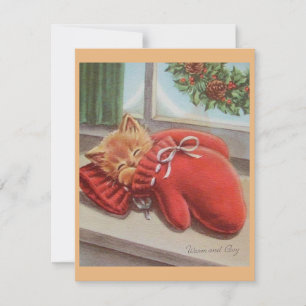 Christmas Vintage Sleeping Kitten In Mitten Holiday Card