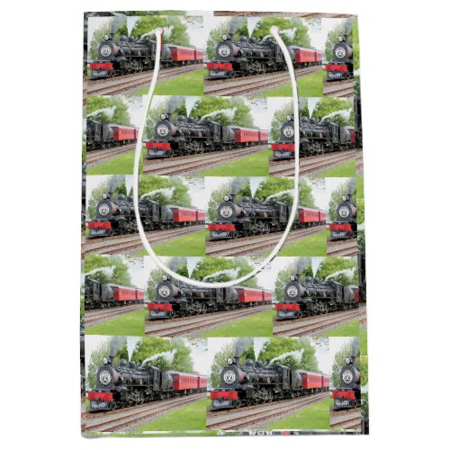 Christmas Vintage Steam Engine Train Red Pattern Medium Gift Bag