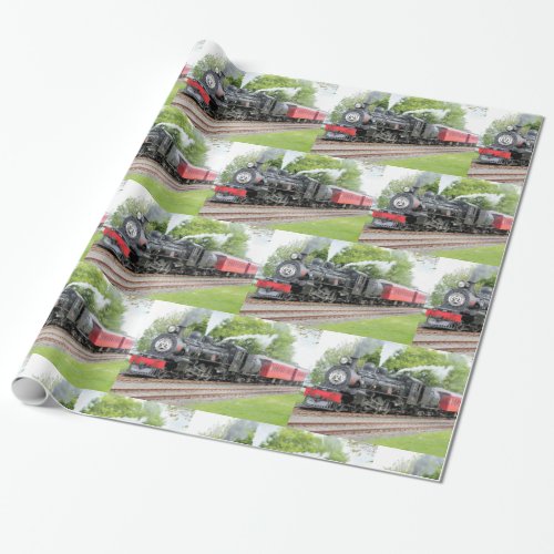 Christmas Vintage Steam Engine Train Red Pattern Wrapping Paper