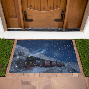 Christmas Vintage Steam Train Snow frozen Woodland Doormat