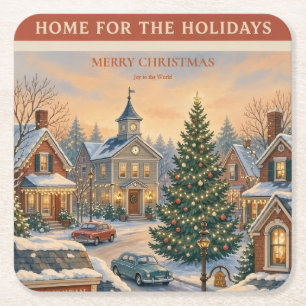 Christmas, Vintage Storybook Main Street Holiday Square Paper Coaster