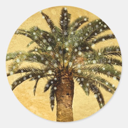 Christmas Vintage Tropical Palm Tree w Snowflakes Classic Round Sticker