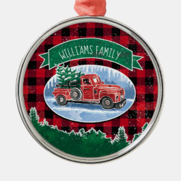 Christmas Vintage Truck Add Name Metal Ornament