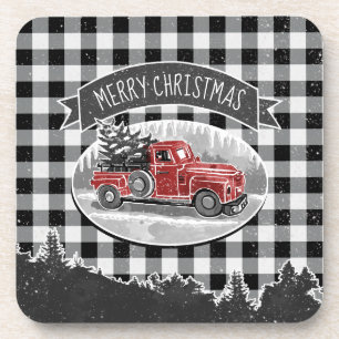 Christmas Vintage Truck Black Buffalo Plaid Name Beverage Coaster