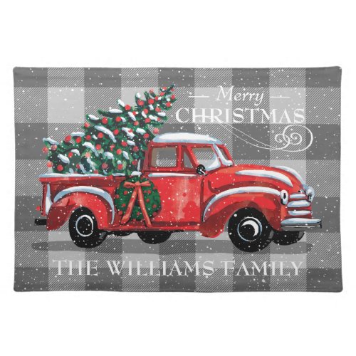 Christmas Vintage Truck Black Buffalo Plaid Name Cloth Placemat