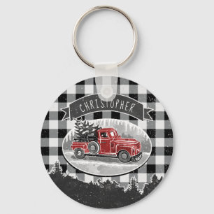 Christmas Vintage Truck Black Buffalo Plaid Name Keychain