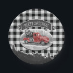 Christmas Vintage Truck Black Buffalo Plaid Name Paper Plates<br><div class="desc">Decorative personalized paper plates are the perfect compliment to your Christmas party. This design features a winter scene of a vintage red pickup truck driving through the snow with a Christmas tree in the back. A banner above reads: "Merry Christmas". The background is a white and black buffalo check pattern...</div>