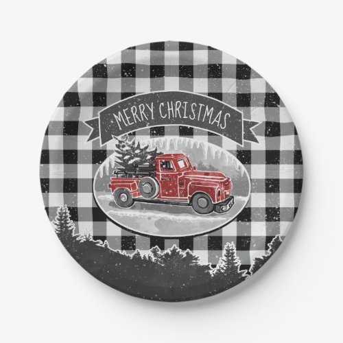 Christmas Vintage Truck Black Buffalo Plaid Name Paper Plates