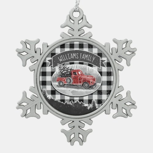 Christmas Vintage Truck Black Buffalo Plaid Name Snowflake Pewter Christmas Ornament
