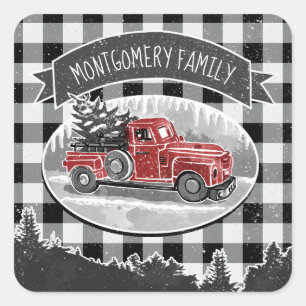 Christmas Vintage Truck Black Buffalo Plaid Name Square Sticker