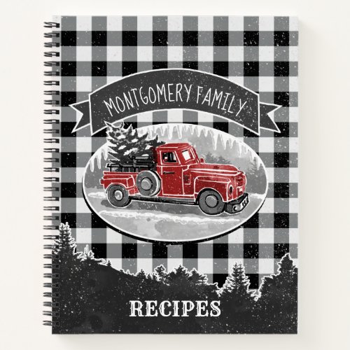 Christmas Vintage Truck Black Buffalo Plaid Recipe Notebook