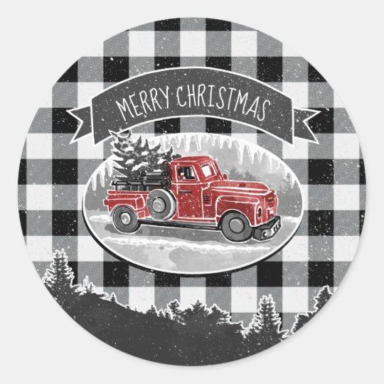 Christmas Vintage Truck Black White Buffalo Check Classic Round Sticker | Zazzle.com