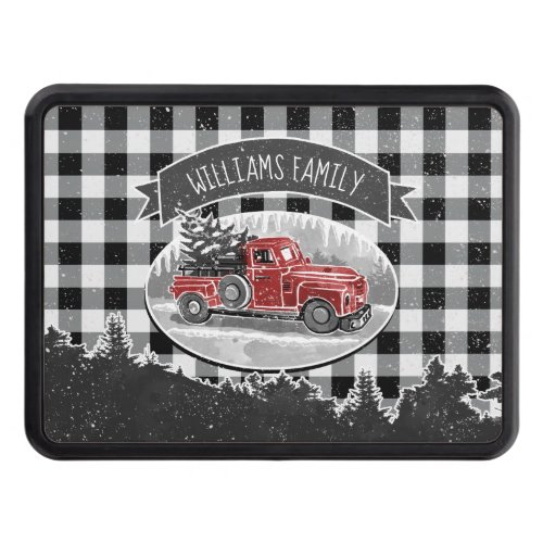 Christmas Vintage Truck Buffalo Plaid Family Name Hitch Cover