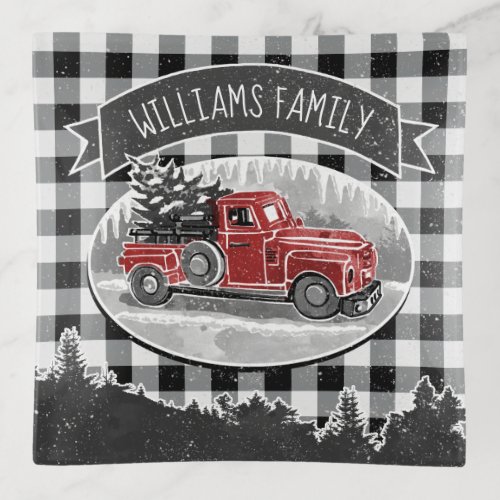 Christmas Vintage Truck Buffalo Plaid Monogram Trinket Tray