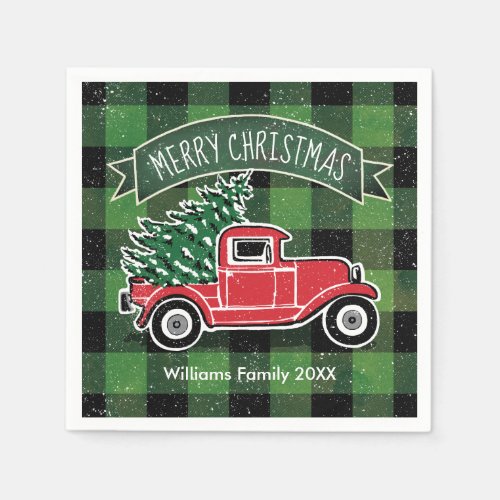 Christmas Vintage Truck Name Green Buffalo Plaid Napkins