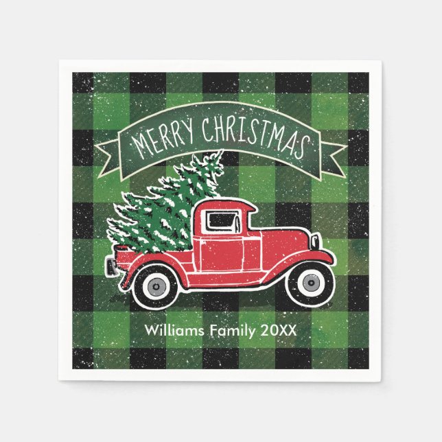 Christmas Vintage Truck Name Green Buffalo Plaid Napkins (Front)